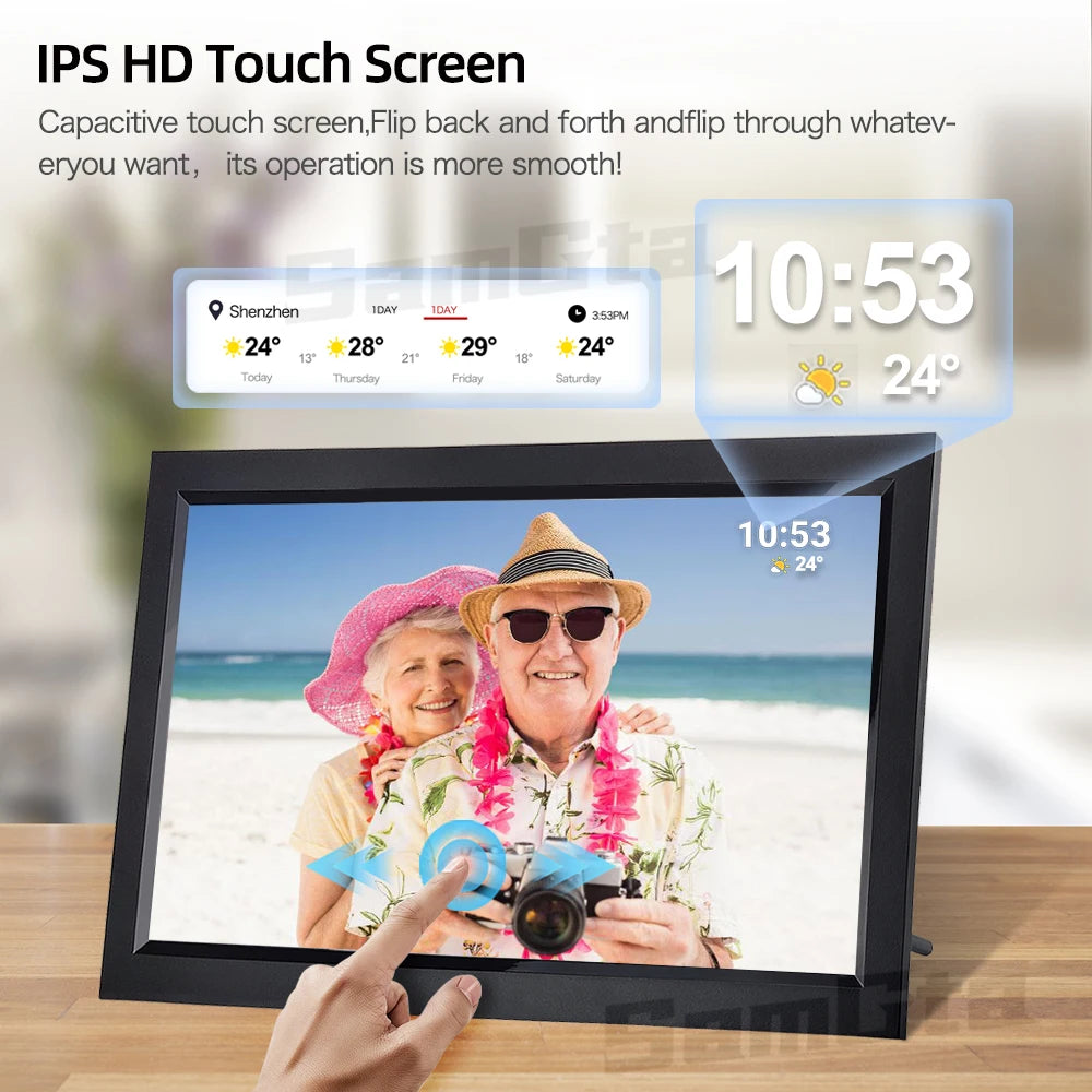 FRAMEO 15.6 Inch Smart IPS Display-Touchscreen Wireless Photo Upload Full HD Flips Back-Forward WIFI-Digital Auto-Rotate Picture Frames/32GB Built-In Memory Storage/ SD-Card Extension Only/ No SD Card/Image Format-JPEG/Colors-Black/White