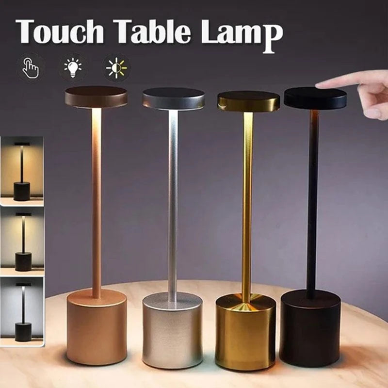 Modern Metal Slim Round Tubular Neck Black-Gold-Sliver Touch Control Battery Powered Three-Color Levels Dimming Desk Lamps/ USB Rechargeable /USB Charging Cord-Included