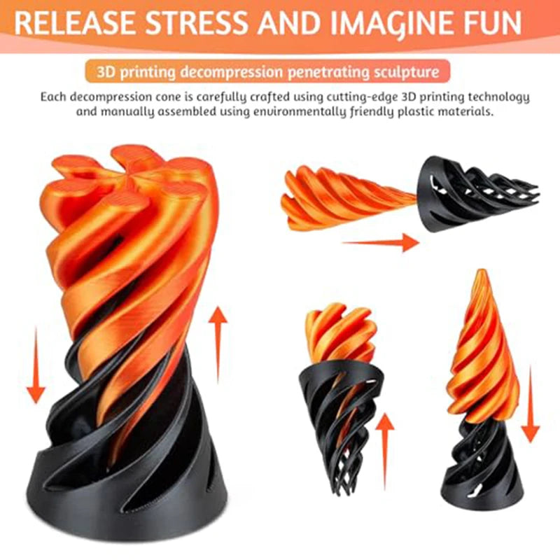 3D Printed Plastic Non-Toxic Spiral Cone-Shaped Sensory Fidget Toys/Ages: 13-18+ Years Old/Colors-Orange/Red/Black