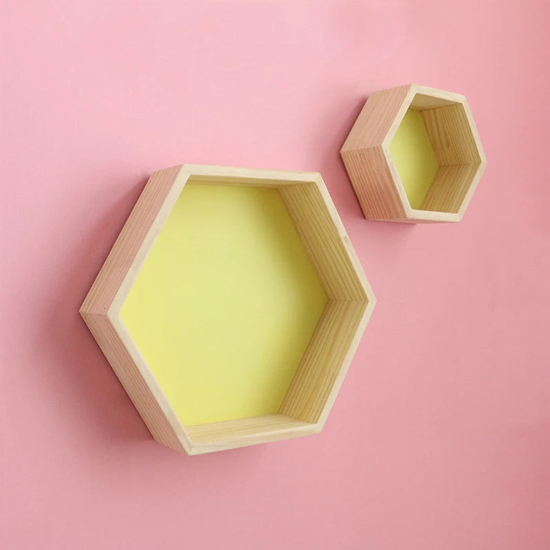 2 PCS Set Kids Wood Wall Mounted Hexagon Shaped Floating Shelves/Colors-Beige/Yellow/Pink/Green