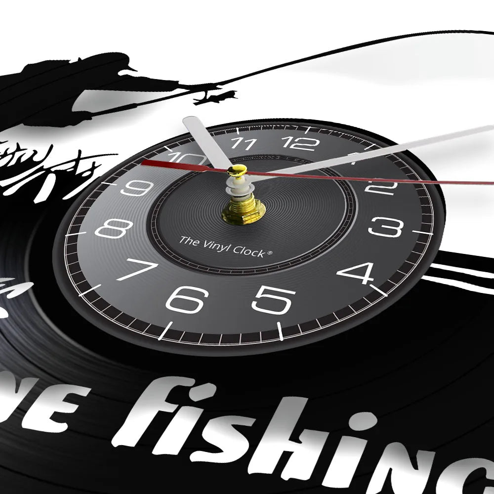 Retro Handmade Plastic Vinyl Record Gone Fishing Silhouette Of Fisherman Catching A Fish With Rod-N-Reel Wall Clocks/Battery Not Included/ 1 AA Battery Size/With-Without LED Light/Colors-Black/Geometric