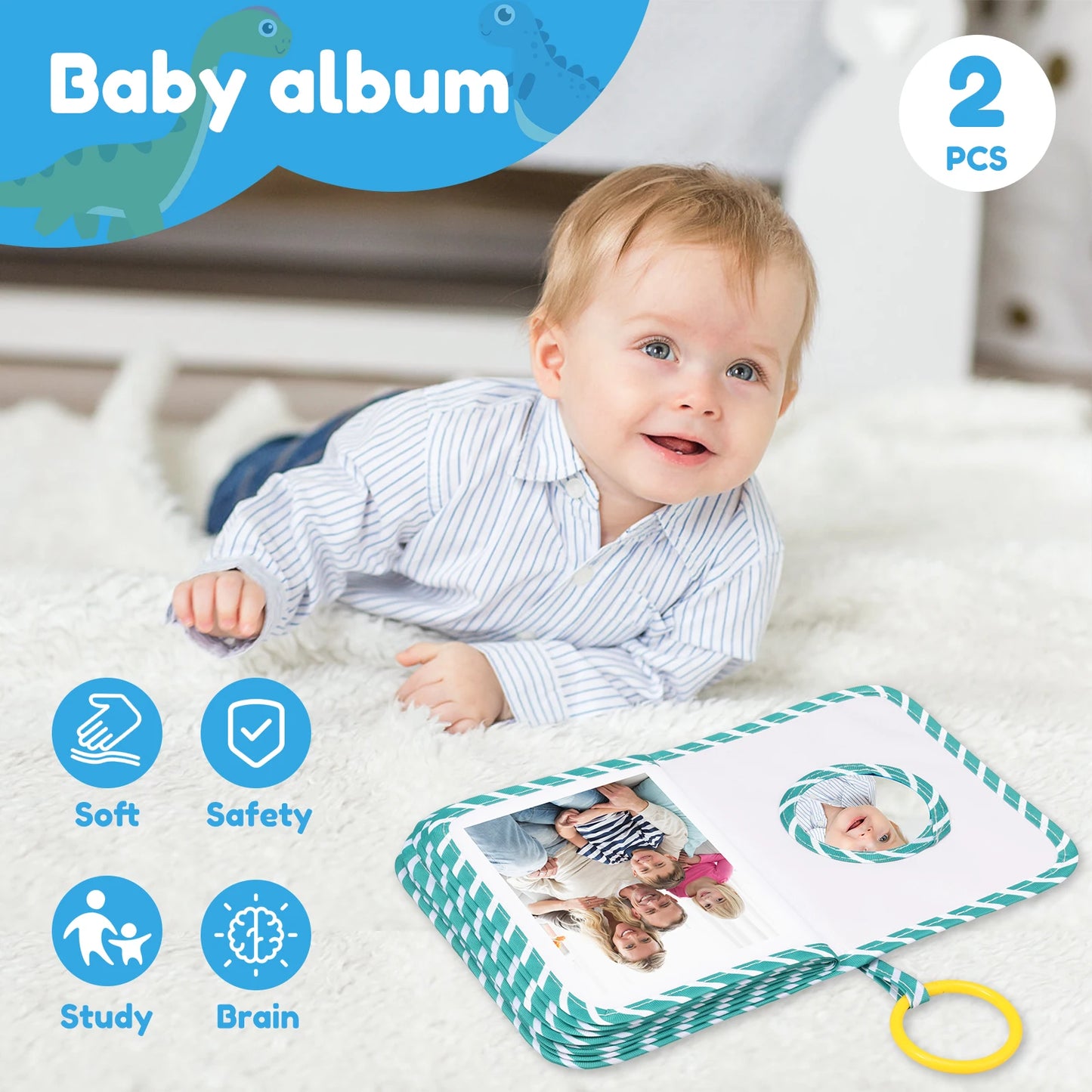 Babies Green Cartoon Flying Pterodactyl-Dinosaurs My First Year Photo Book Soft Cloth Case Fabric Loose-Leaf Transparent Bag Mirror 17 Photo Albums/Versatile Round Hook/Ages: Babies 0-24 Months