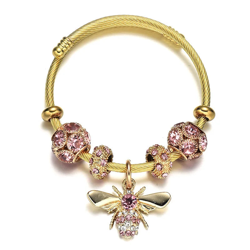 Women Round Titanium Steel Metal Inlay Imitation Crystal Rhinestone Bee Shape Gold-Black Balls Toggle-Clasps Bangle Charm Bracelets/Colors-Gold/Silver/Red/Clear/Pink/Geometric