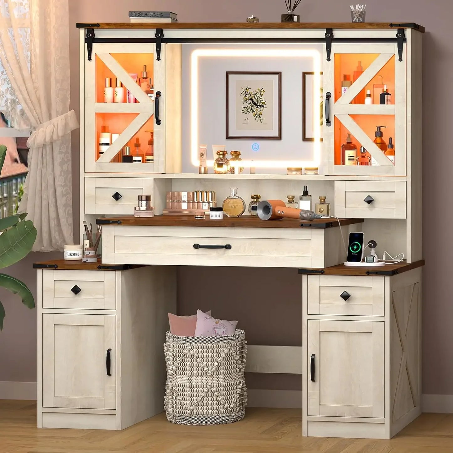 Wood Large White Farmhouse Mirrored LED Lighted Makeup Vanity Desk /Charging Station/2 USB Ports/ 2 AC Outlets/5 Drawers/2 Cabinets/Adjustable Sliding Glass Shelves
