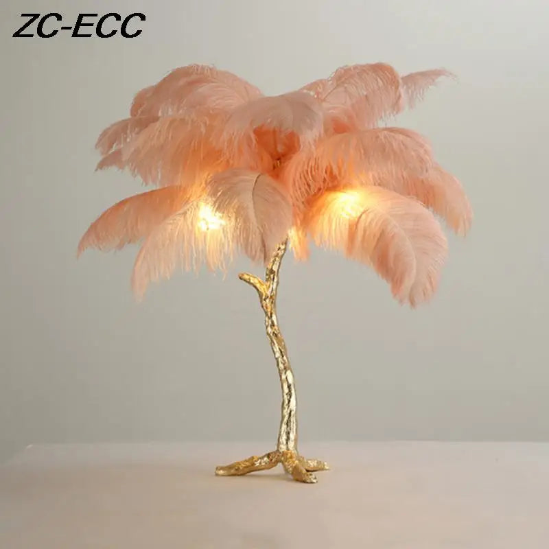 Modern Resin Gold Iron Tree-Like Trunk Base LED Ostrich Feather Up-Down Shade Standing Table Lamps/Colors-White/Pink/Blue/Orange/Black/Gold