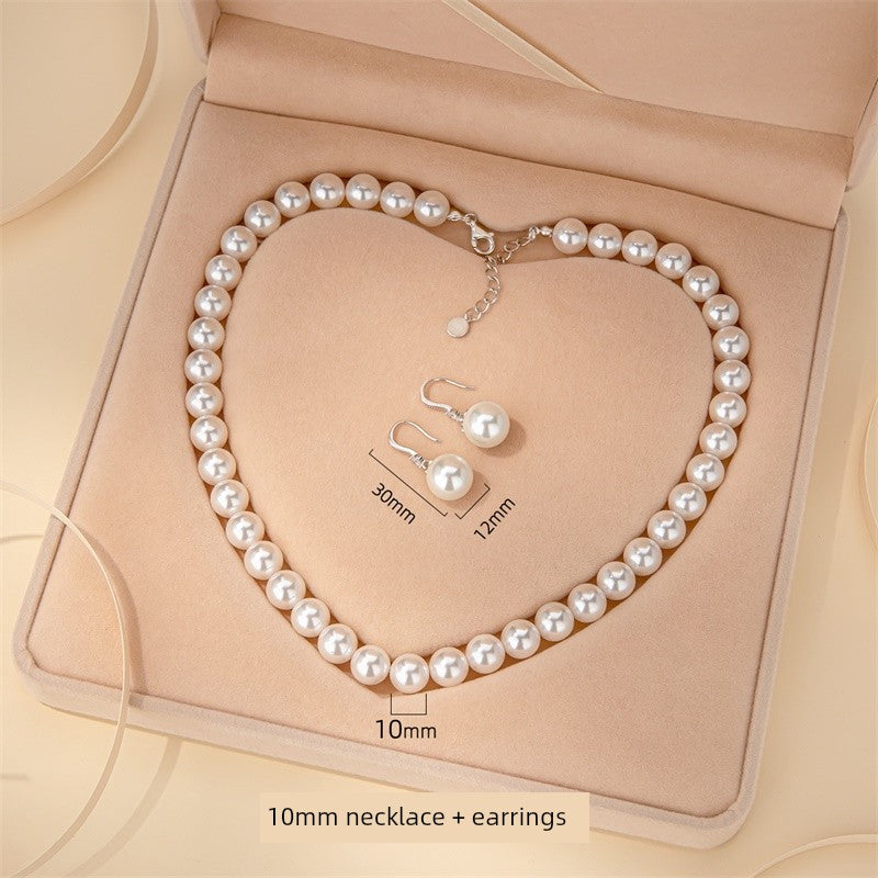 Adult Women Sterling Silver White Pearl Necklace-2 Hanging White Pearl Earrings Fine Imitation Jewelry Sets/Colors-White/Silver