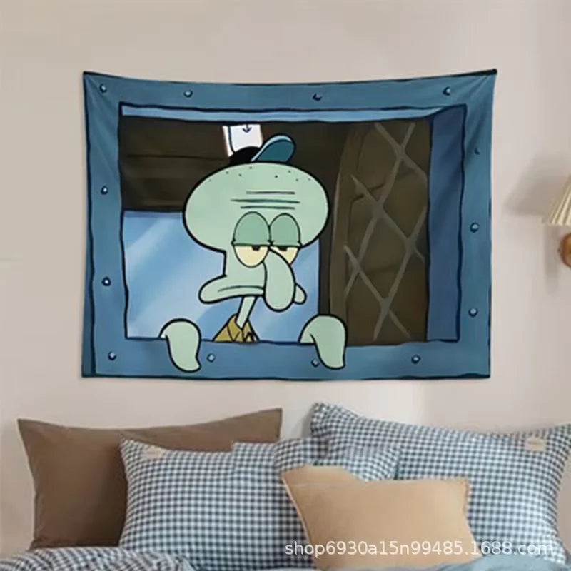 Kids Small Rectangle Polyester Realistic Blue Metal Framed Window Cute Cartoon SpongeBob-Patrick-Star-Mr. Krabs Cloth Tapestries/Ages: 14-18 + Years