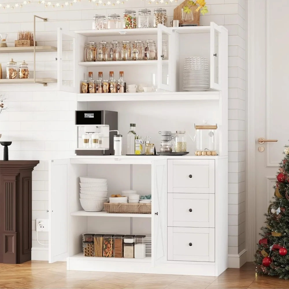 Wood Farmhouse Style Kitchen Cabinet Hutch /Countertop / Anti-Tip Device /Charging Station/3 Metal Rail Drawers/ 5 Cabinets-3 Glass Doors/2 Wood Doors/Size: 15.7"D x 39.4"W x 70.9"H/Colors-White/Black/Beige