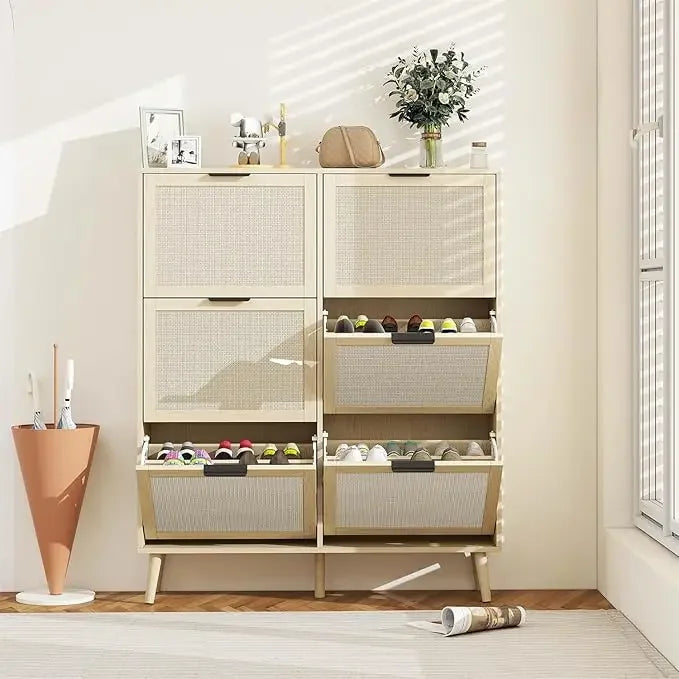 ANGDUO Indoor Beige-Black Natural Rattan 3 Tiers Flip-Out Drawers Free Standing Four Black Metal Feet Shoe Organizers/Product Dimension:9.45"D x 23.6"W x 48.9"H/ Product Weight:41lbs/Assembly Required/Storage Options Also