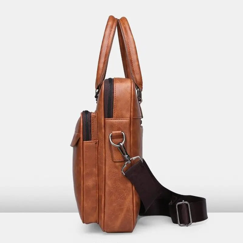 Men Large Faux Leather Waterproof One Shoulder Strap-Handle Crossbody Design Document Bag Briefcase/Zipper/Polyester Lining/ For Tablet-IPAD/Fits 15 Inch IPAD-Tablet Colors-Brown/Black
