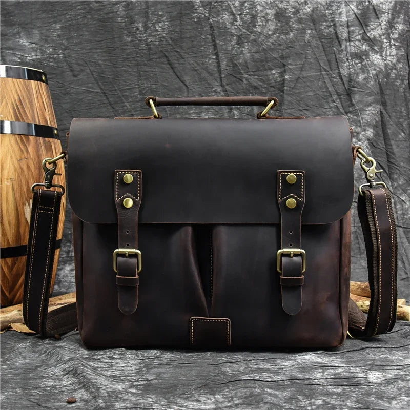 Luufan Brown Men Cow Leather Briefcase Zipper Bags/Handles-Shoulder Straps/Built-In Laptop Compartment/Fits 14 Inch Laptop