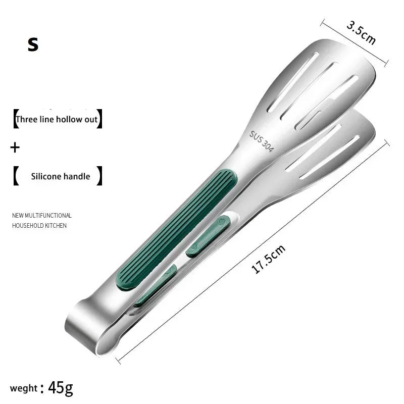 Kitchen S-M-L Sizes Non-Slip High Temperature Resistant Green Silicone Covered Handles Silver Stainless Steel Food Flat 3 Line Hollow Out Tongs