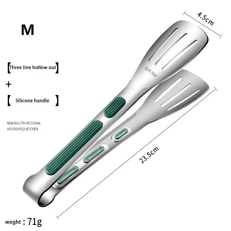 Kitchen S-M-L Sizes Non-Slip High Temperature Resistant Green Silicone Covered Handles Silver Stainless Steel Food Flat 3 Line Hollow Out Tongs