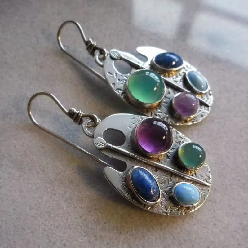 Women-Teen Girls Retro Silver Metal Handmade Blue-Green Stone Triangle Dangle Tear Drop Imitation Earrings/Colors-Blue/Green/Silver/Multicolor