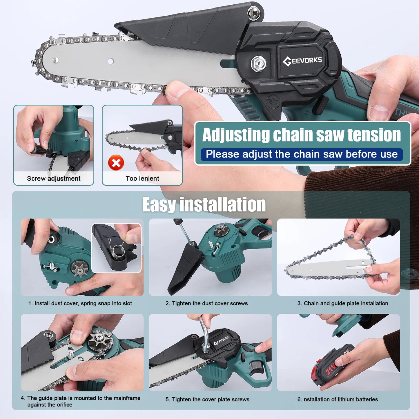 GEEVORKS Outdoor Home DIY Plastic Green-Black Body 6 Inch Handheld Mini Cordless Lithium Battery-Powered Rechargeable Brushed Motor 21V Electric Portable Wood Cutting Adjustable Tension Pruning Metal Chainsaws/Colors-Green/Black/Gray/Red/
