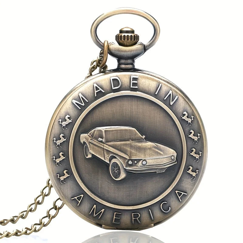 SOXY Adult Men Quartz Analog Display Glass Face Arabic Numeral Stainless Steel Metal Round Shaped Case Bronze Classic Antique Ford Mustang 4 Horses Standing Up Each Side Made In America Design Floral Back Bronze Chain-Pocket Watches