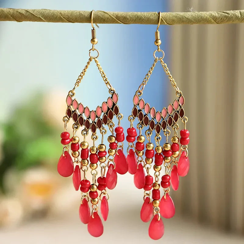 DAIPAN Adult Women Imitation Bohemian Multicolor Resin Beads Water Drop Tassel Gold-Plated Copper-Metal Alloy Earrings/Colors-Multicolor/Gold/Blue/Red/Black/Geometric