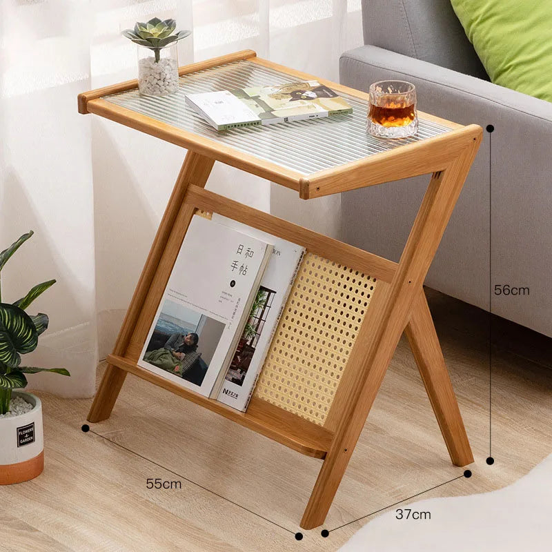 Z Shaped Bamboo Removable Glass Top End Table W/ Magazine Rack/Colors-Black/Brown/Oak