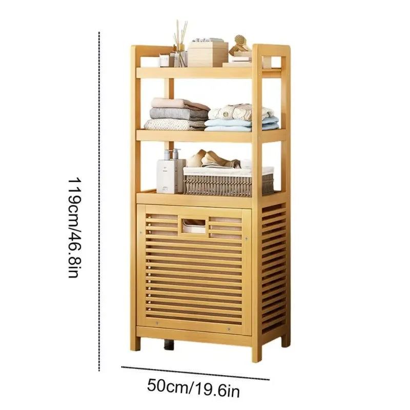 No-EN-Name-Null Modern Large Waterproof Lining 3-4 Tier Storage Shelves Brown-Beige Bamboo Solid Wood Boards Tilt Out Strip Laminates Laundry Hamper Baskets