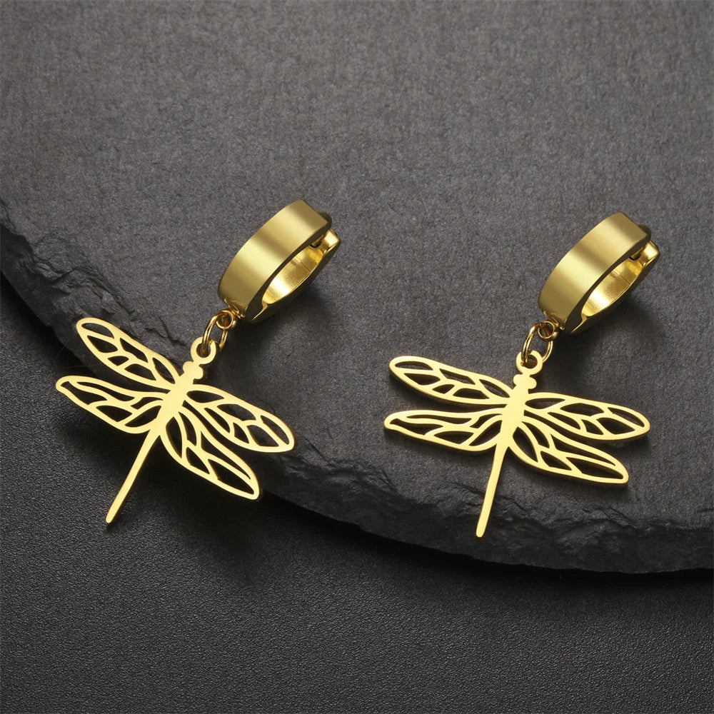 My Shape Dragonfly Earrings for Women Girls Gold Color Stainless Steel Dangle Earrings Hoop Earrings Insect Fashion Jewelry Gift