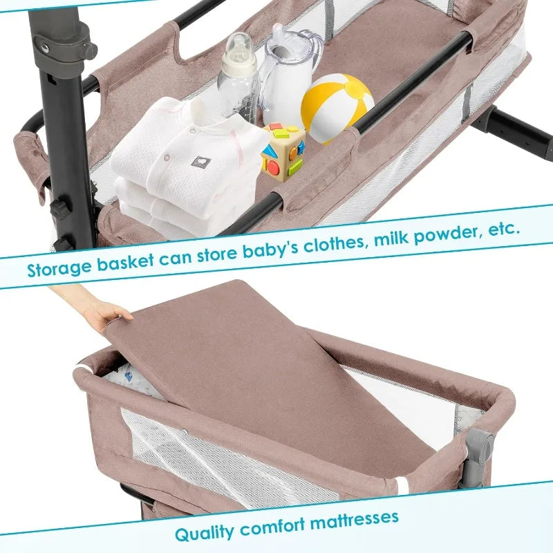 Babies-Toddlers Portable Metal Frame Adjustable Height Button Control Swinging Thick Linen Fabric Meshed Top-Sides Large Bassinet Cradle Beds/Colors-Gray/Beige/Black/White/Brown/Multicolor/Ages: 6 Months-2 Years Old