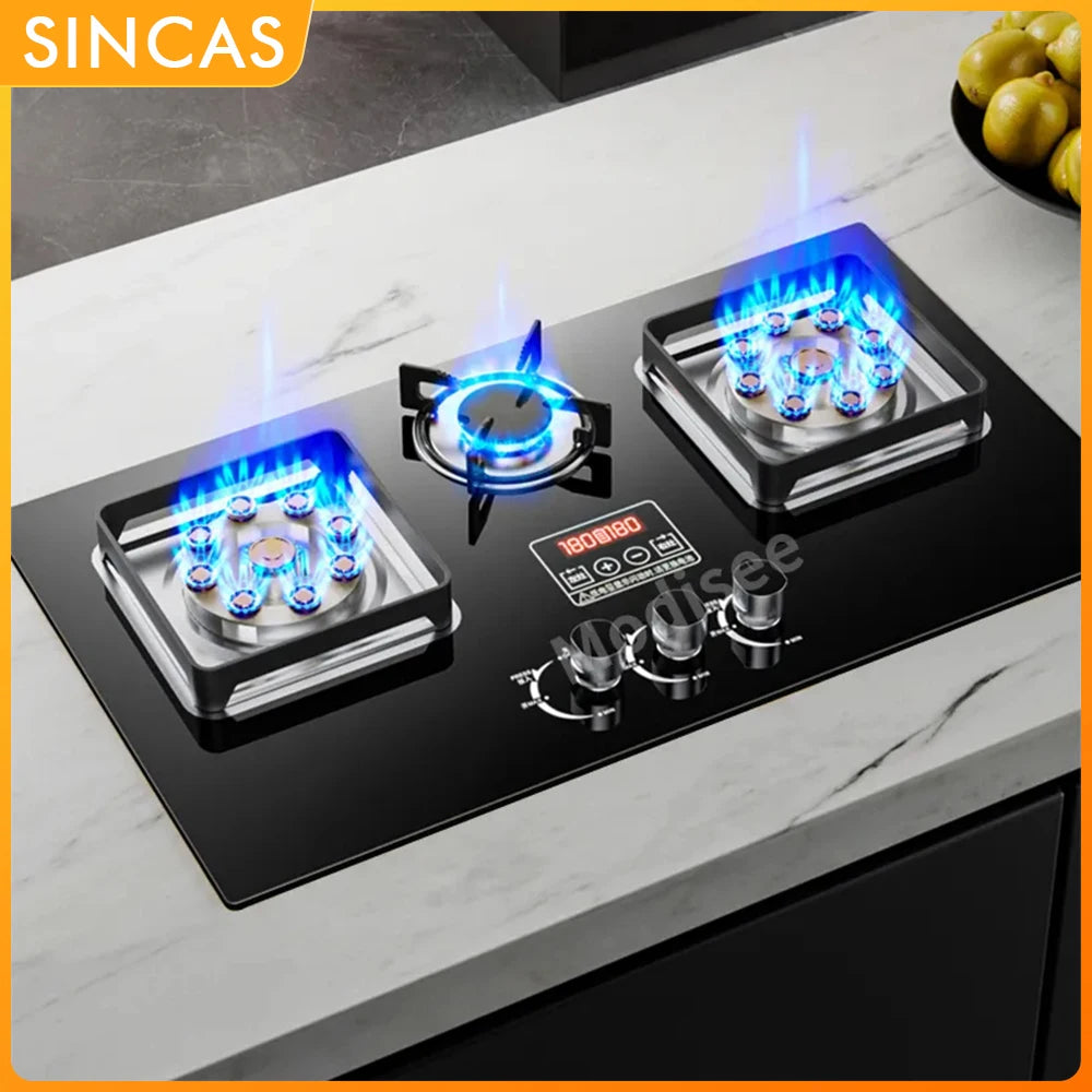 Outdoor Portable 3 Burners LPG Built-In Natural Gas Tempered Glass Panel Platform Embedded Burner Stoves/Interchangeable Plates/Natural Gas-Butane/Colors-Black/Blue/Pulse Electron Ignition