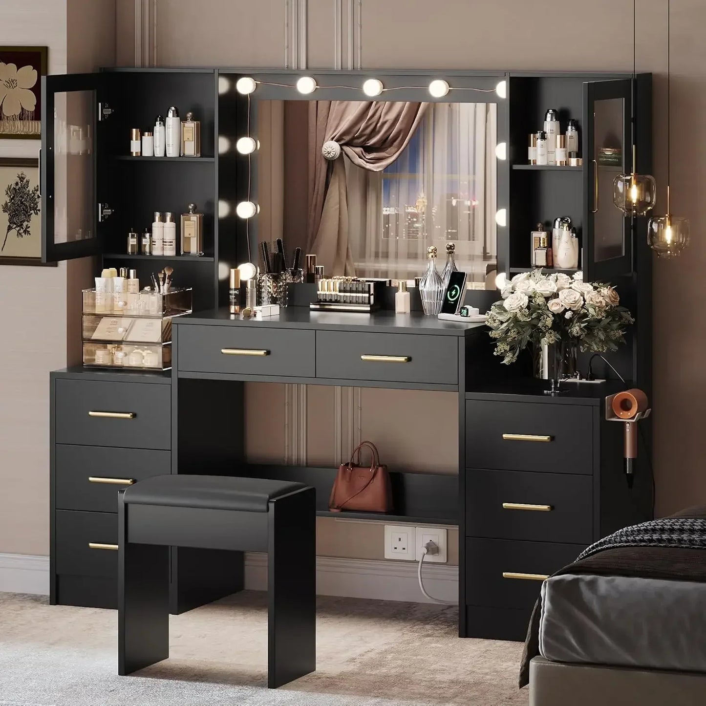 Mirrored Lighted Makeup Desk Set/ 10 LED Lights/8 Metal Sliding Drawers/ 2 Glass Cabinet Doors/2 AC Outlets 125V/ 12A/2 USB Ports 5V/2A/6-Foot Power Cord/Colors-White/Black