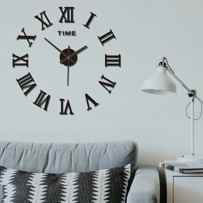 European Large Round DIY EVA Self-Adhesive Single Face Metal 3D Acrylic Mirror Digital Roman Numeral Quartz Wall Clocks/Colors-Geometric/Black/Silver/Gold