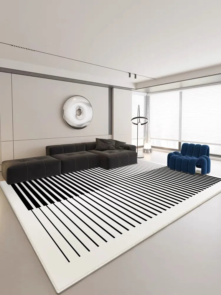 VIKAMA Modern Indoor-Outdoor Machine-Made Customized Rectangle Shaped Polyester Fabric Geometric White-Black Striped Crystal Short Velvet Cut Hand-Machine Washable Rugs