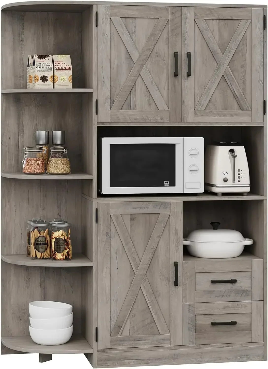 Solid Wood Farmhouse Kitchen Storage Cabinet/4 Tier Adjustable Shelves w/ 3 Doors /Dining Sideboard /2 Easy-Glide Drawers/Colors/White/Gray/Brown/ Holds Up To 350 lbs.