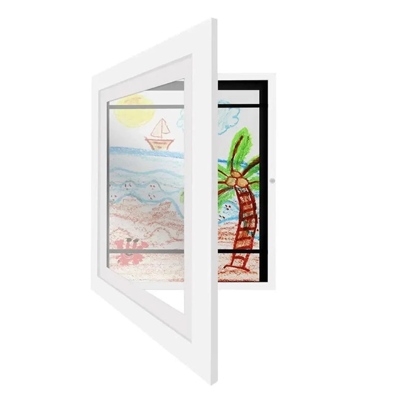 Kids Rectangle Wood Trim Frame Clear Acrylic Magnetic Suction Closure Display A4 Artwork Frames/Colors-Black/Brown/White/Beige/Blue/Elastic Band/Hook
