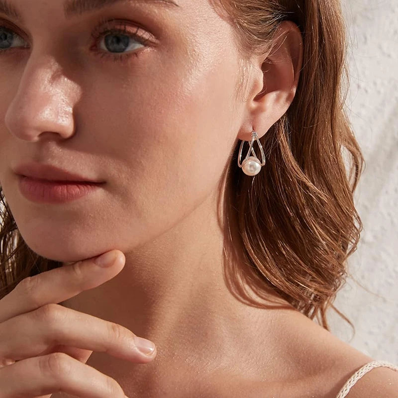 Women-Teen Girls Silver Copper-Brass Metal Geometric Simple Round Imitation Simulated White Pearl Hoop Earrings