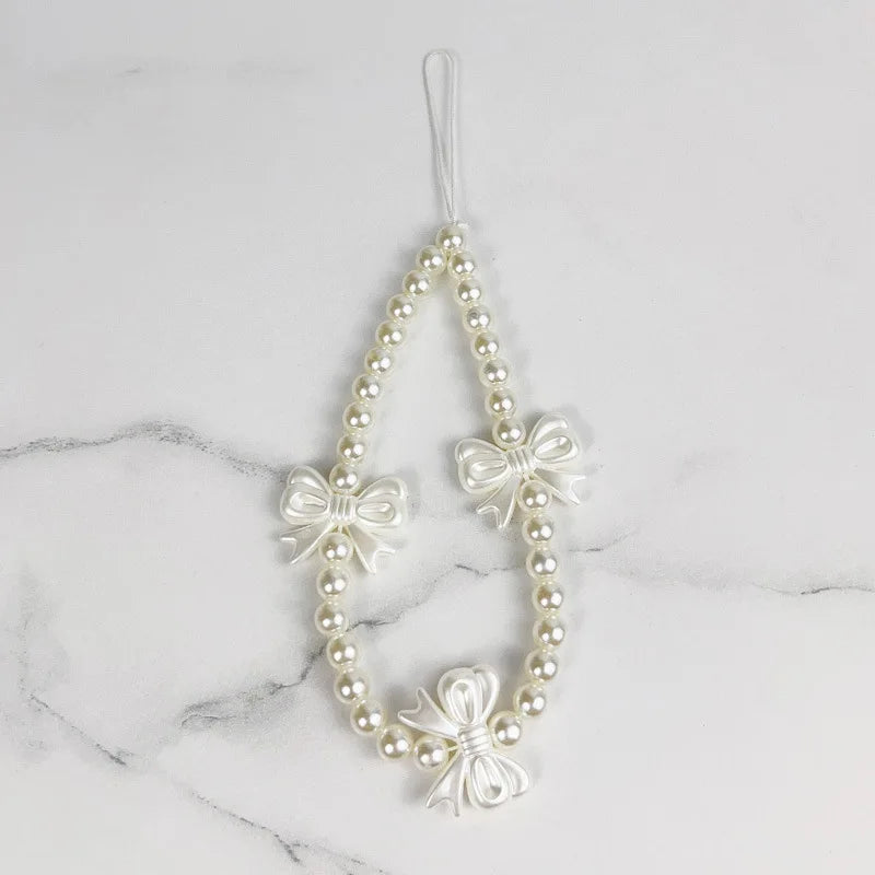 Women Korean Cute Beaded Faux Pearl Charm Strong Nylon Rope Hanging Wrist Strap Phone Accessories/Colors-Black/White/Clear