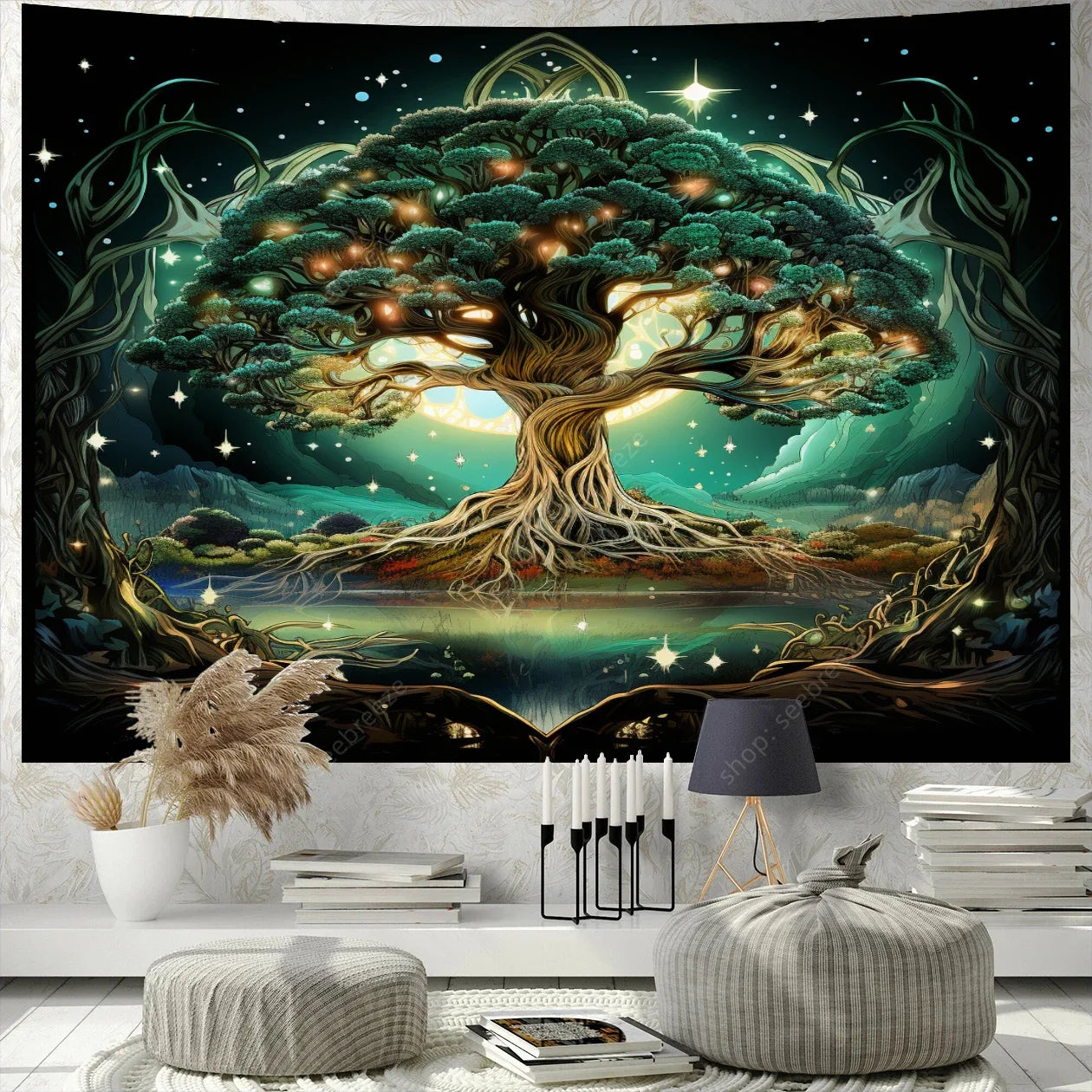 Colorful Green Forest Red Mushrooms Water Flowing Printed Polyester Woven Garden Of Eden Nature Tree Of Life Wall Hanging Tapestries