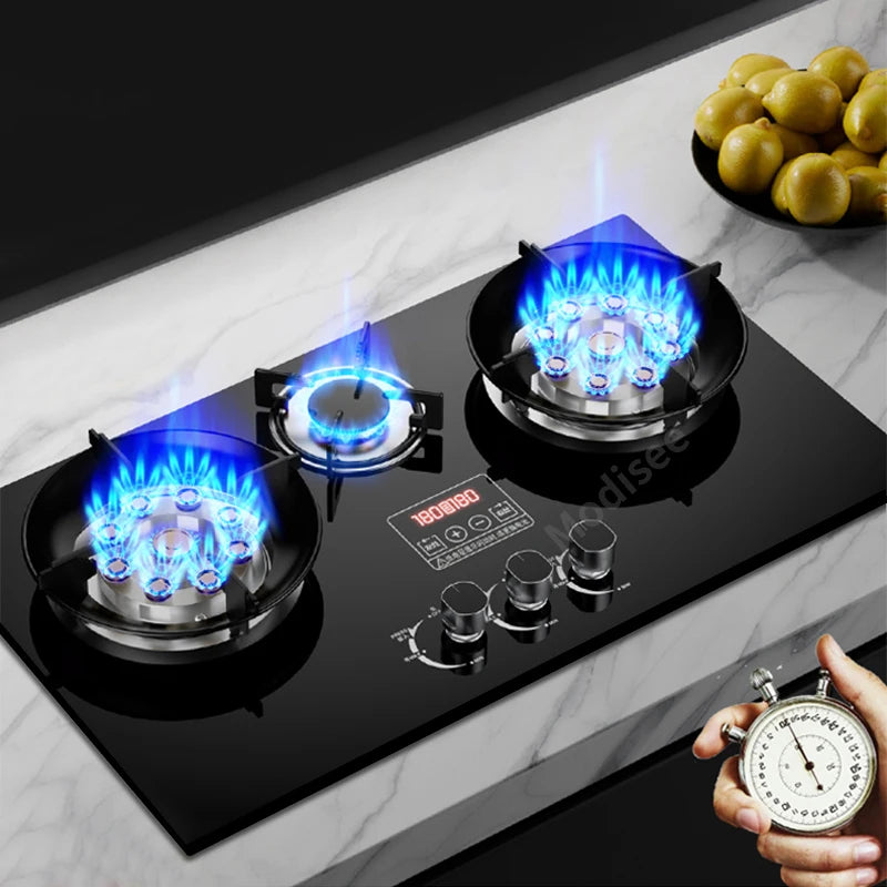 Outdoor Portable 3 Burners LPG Built-In Natural Gas Tempered Glass Panel Platform Embedded Burner Stoves/Interchangeable Plates/Natural Gas-Butane/Colors-Black/Blue/Pulse Electron Ignition