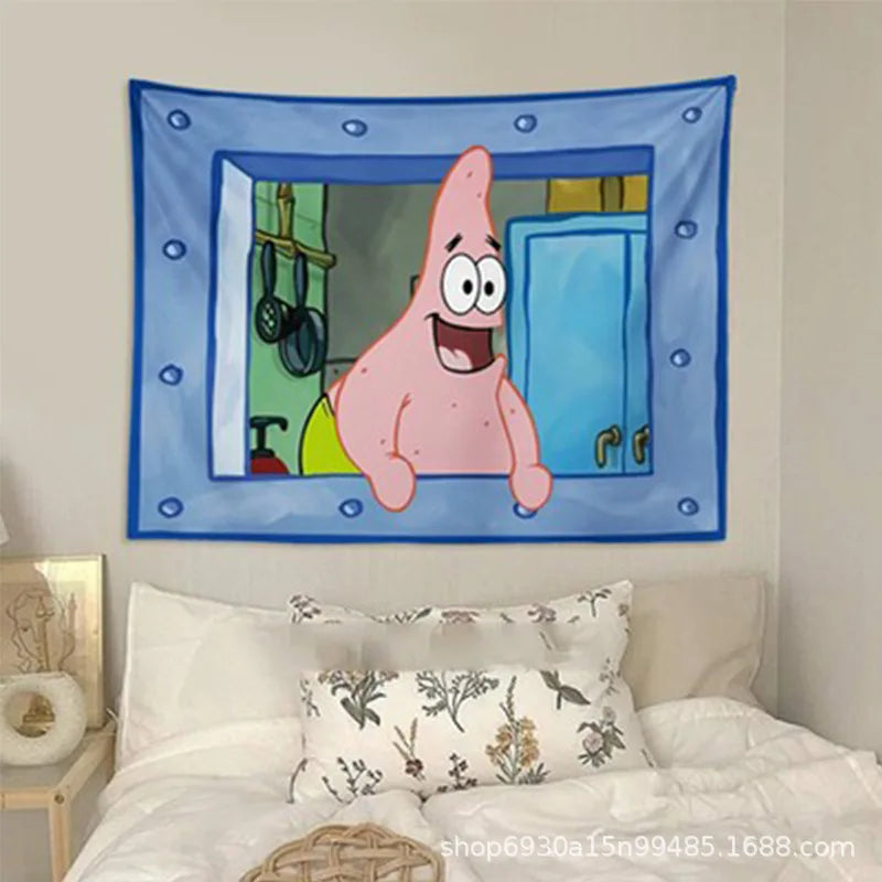 Kids Small Rectangle Polyester Realistic Blue Metal Framed Window Cute Cartoon SpongeBob-Patrick-Star-Mr. Krabs Cloth Tapestries/Ages: 14-18 + Years