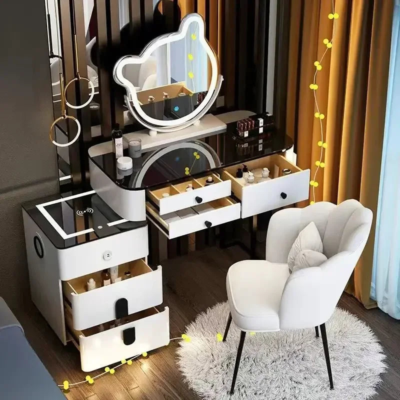 Modern Style White Adjustable LED Smart Touch-Controlled Lighted Round Mirror Black Tempered Glass Countertop Solid Pine Wood Draws Make-Up Vanities /2 USB Wireless Ports /Bluetooth Speakers/Colors-Black/Gray/White