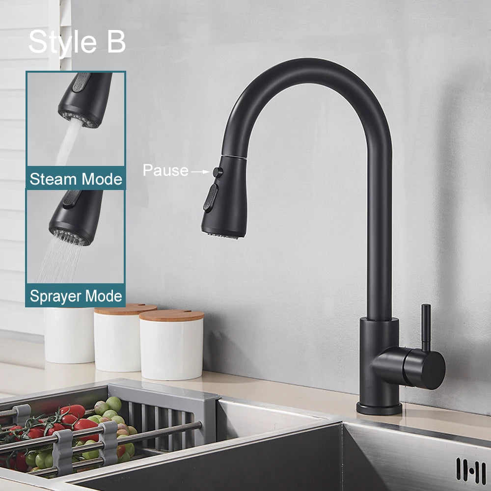 Kitchen Black-Silver Color Deck Mounted Brass Body Plastic Pull Out Single Sprayer Polished Chrome Faucets