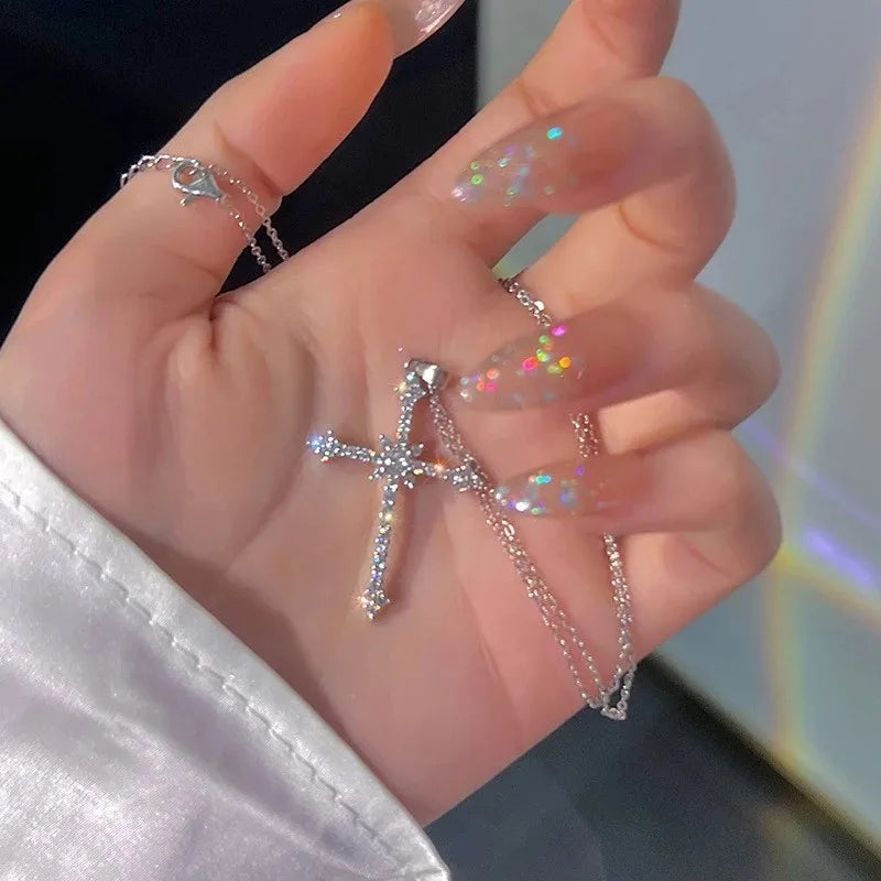 Women Imitation Cross Chain-Link Pendent Colorful Zircon Stone Necklaces/Colors-Multicolor/ Silver