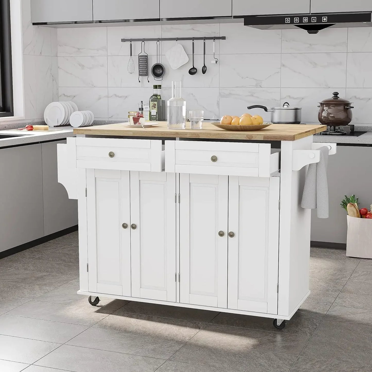 White/Black Wood Top Kitchen Island /Drop Leaf Breakfast Bar