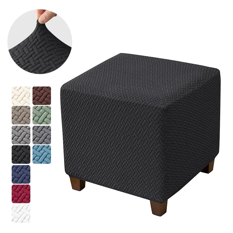 Solid Color Velvet-Spandex Jacquard Square Ottoman Elastic Stretch Footrest Slipcovers/Colors-Gray/White/Beige/Black/Blue/Green