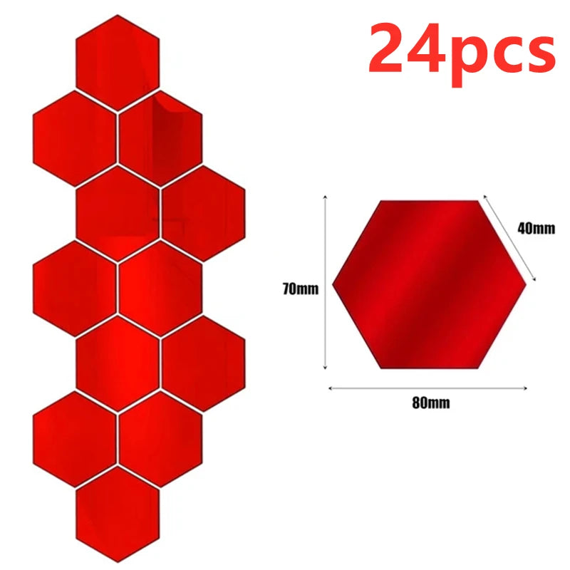 12/24Pcs 3D Hexagon Self Adhesive Removable Acrylic Wall Mirror Stickers/Colors-Silver/Red/Blue