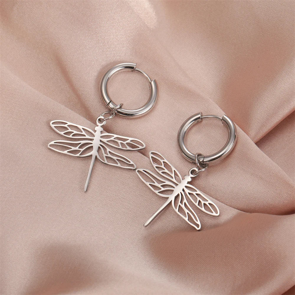 My Shape Dragonfly Earrings for Women Girls Gold Color Stainless Steel Dangle Earrings Hoop Earrings Insect Fashion Jewelry Gift