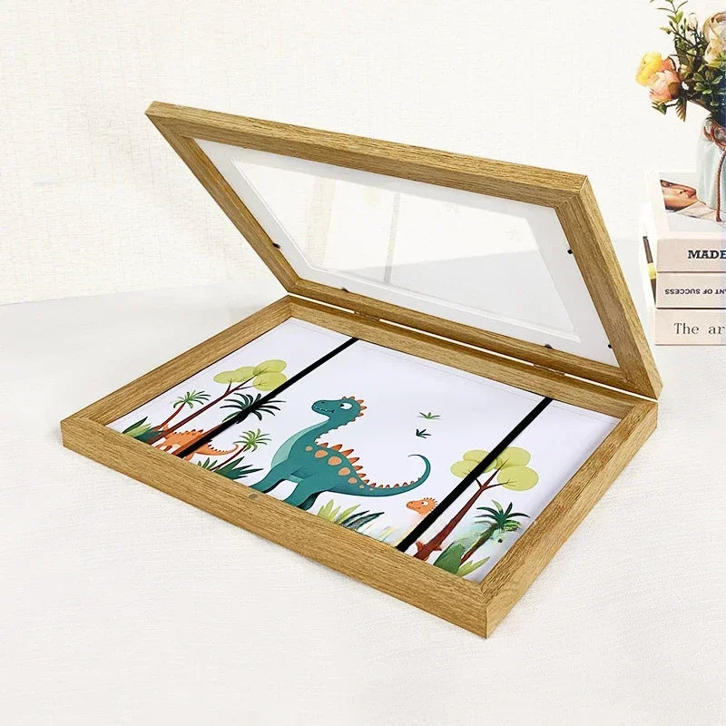 Kids Rectangle Wood Trim Acrylic Cover Artwork Display Magnetic Closure Picture Frames/Elastic Band/Colors-White/Black/Brown/Green/Pink