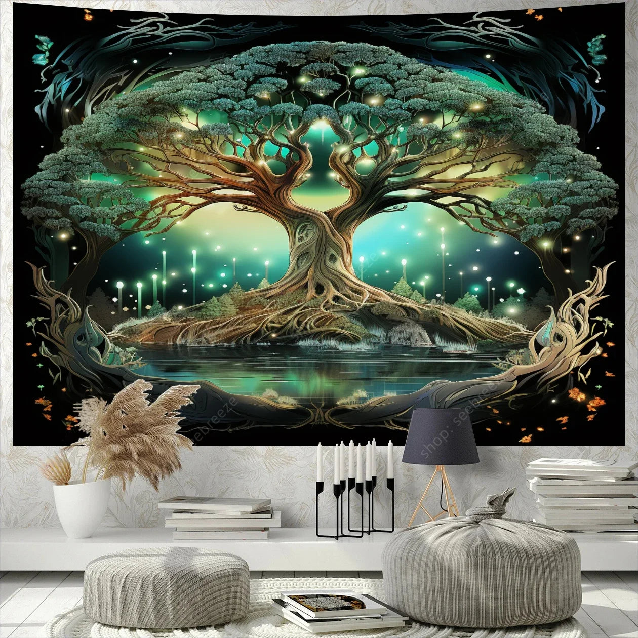 Colorful Green Forest Red Mushrooms Water Flowing Printed Polyester Woven Garden Of Eden Nature Tree Of Life Wall Hanging Tapestries