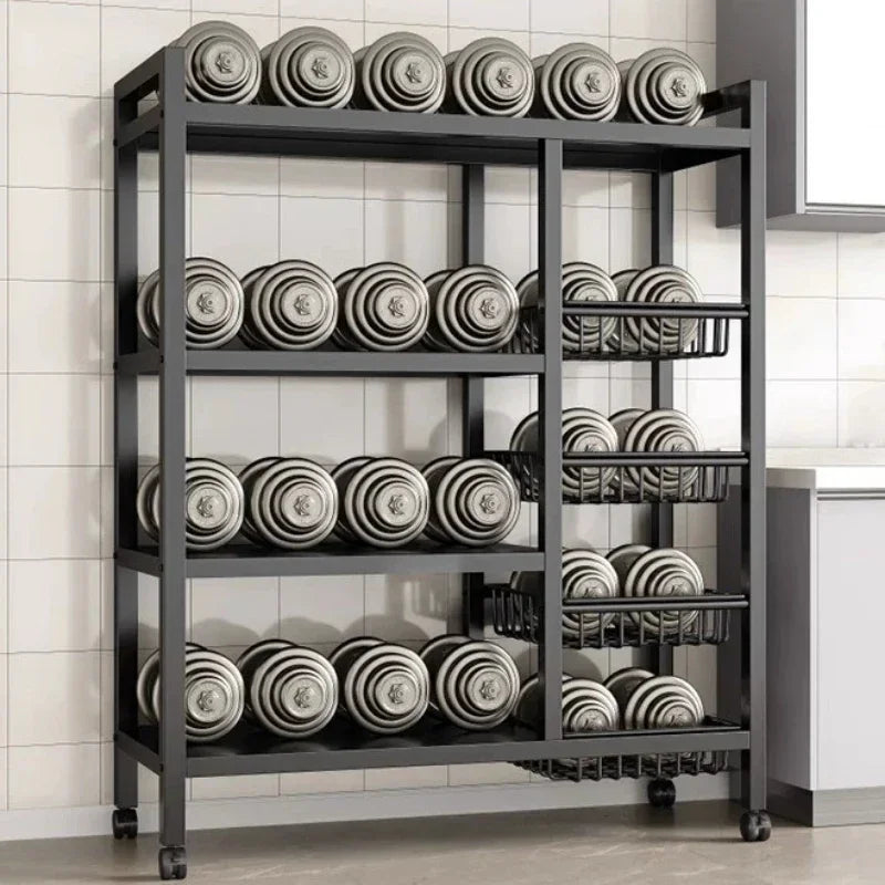 Kitchen Black-Brown Color Adjustable Height Pine Wood-Metal Storage Rack Movable Carts/360° Rotating Wheels