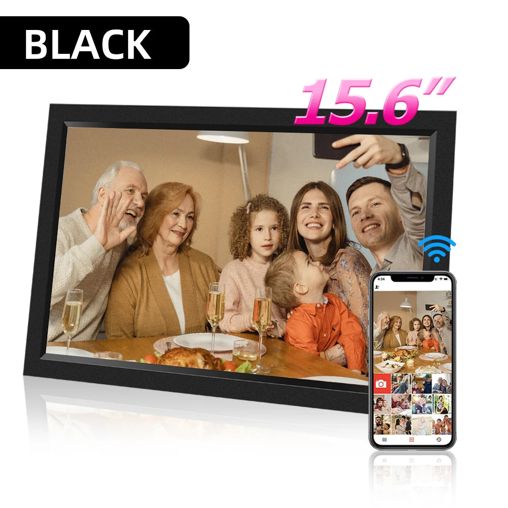 FRAMEO 15.6 Inch Smart IPS Display-Touchscreen Wireless Photo Upload Full HD Flips Back-Forward WIFI-Digital Auto-Rotate Picture Frames/32GB Built-In Memory Storage/ SD-Card Extension Only/ No SD Card/Image Format-JPEG/Colors-Black/White