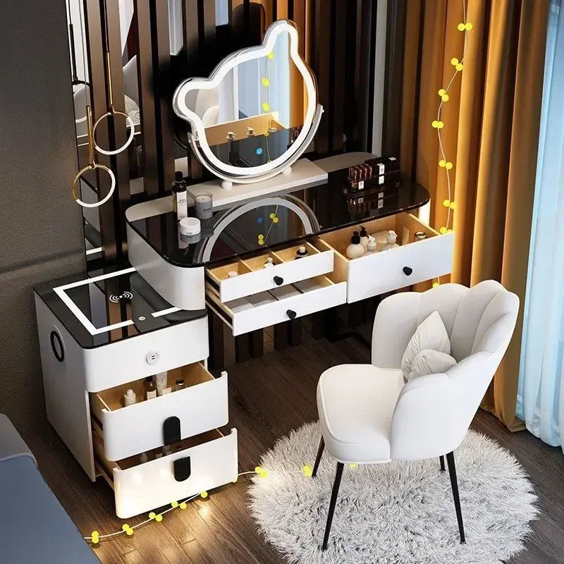 Modern Style White Adjustable LED Smart Touch-Controlled Lighted Round Mirror Black Tempered Glass Countertop Solid Pine Wood Draws Make-Up Vanities /2 USB Wireless Ports /Bluetooth Speakers/Colors-Black/Gray/White