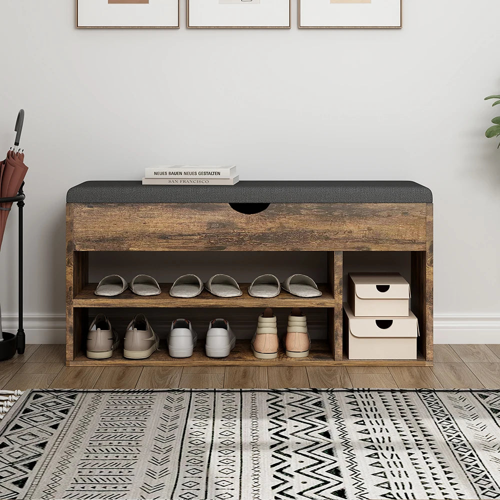Anne-Fish Entryway 2-Tier Padded Cushion Seat Shoe Storage Bench w/2 Drawers/Colors-White/Brown