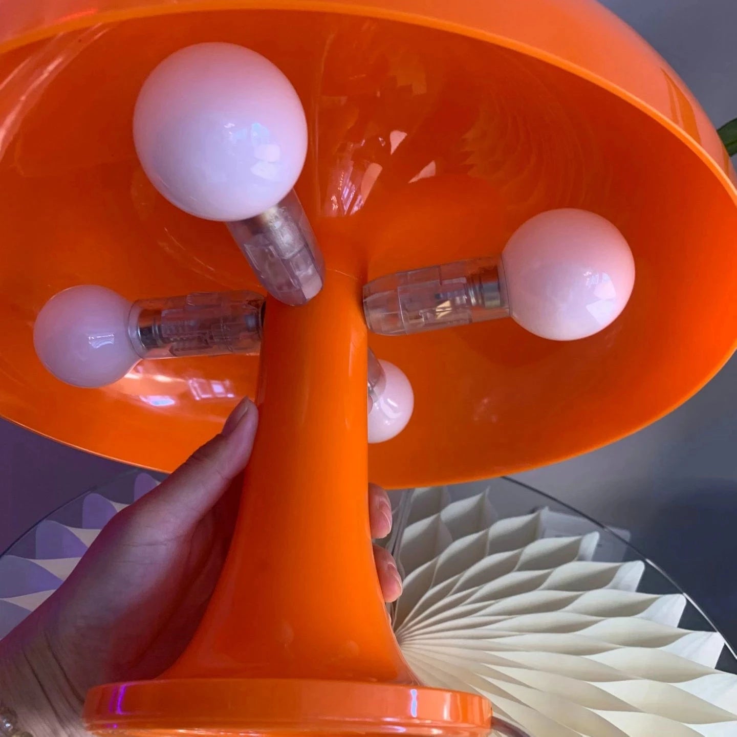 Danish Modern Polished Polycarbonate LED Orange Mushroom Downward Shade Table Lamps/4 LED E14 Bulbs Included/Plug Type-EU Plug